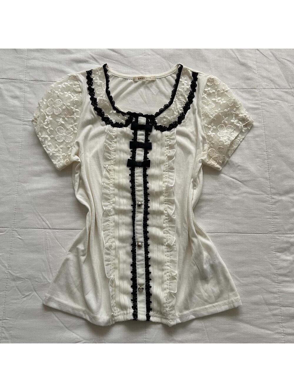 Axes Femme Ivory Embroidered Sleeve Lace Ribbon Bow Pintuck Top M Japan